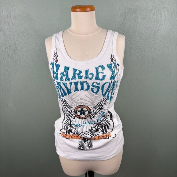 Harley Davidson Women's Large White Fallen Angel Tribal Graphic Biker Tank Tops - Picture 8 of 10